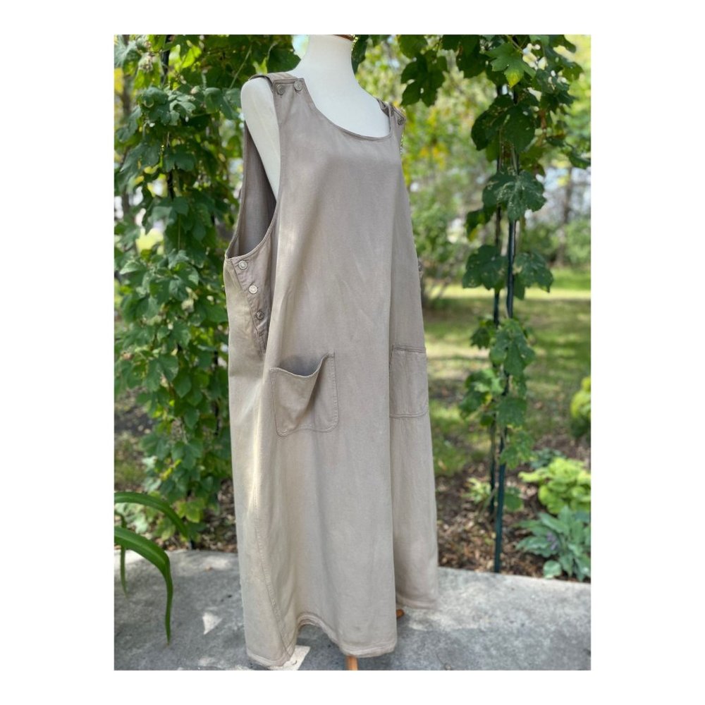 SOLD Vintage 90s Denim Jumper Dress Maxi Tan Volup Pockets Shift Sz 3X - Picture 1 of 8